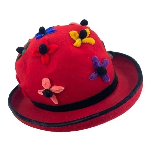 Whittaker & Shon 100% Doeskin Wool Red Felt‎ Hat Velvet Flowers Made In USA - Picture 3 of 15